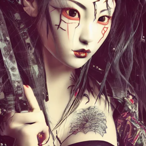 Image similar to japanese gothic model with maximalist hair style and kanji tattoos, dark colors, fashion model, portrait shot, depth of field, 8 k, hyper detailed, intricate, trending on artstation