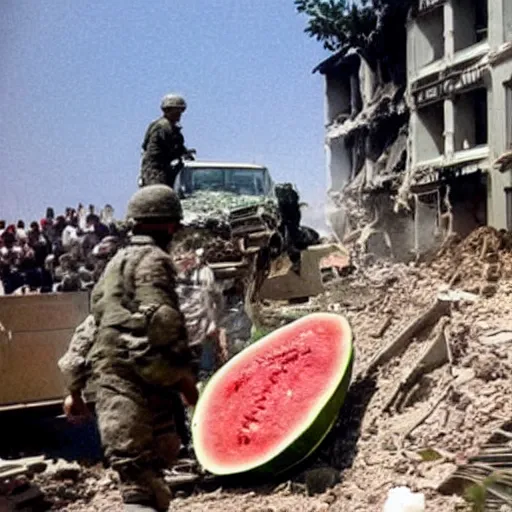 Prompt: The giant watermelon was finally stopped when it ran into a building that was too strong for it to destroy. It was cornered and had nowhere to go. The military was able to contain it and eventually destroy it. Cinematic