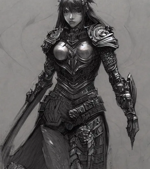 Image similar to anime woman in armor, pen and ink, intricate line drawings, by craig mullins, ruan jia, kentaro miura, greg rutkowski, loundraw