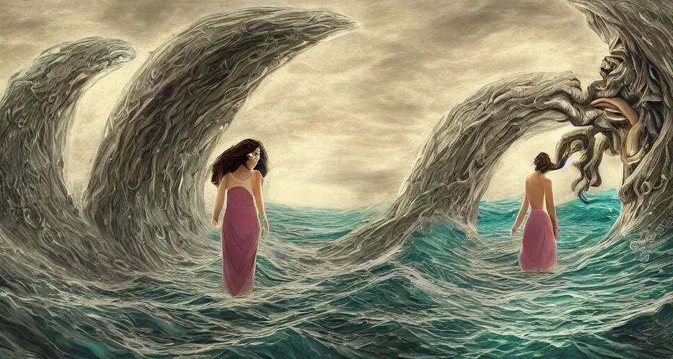 Image similar to A woman wearing a sundress watching as an eldritch sea god emerges from the ocean, digital art, detailed