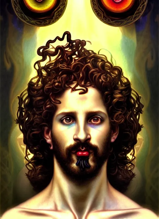 Prompt: portrait of greek god dionysus, auburn curly hair, glowing eyes, volumetric lights, goatee, feast, music notes, art nouveau botanicals, gothic, intricate, highly detailed, digital painting, artstation, concept art, smooth, sharp focus, symmetric face, illustration, steampunk, art by artgerm and greg rutkowski and alphonse mucha