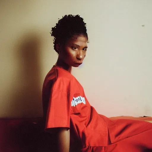 Image similar to realistic! photoshoot for a new vetements lookbook, color film photography, portrait of a beautiful woman, location in a apartment, in style of tyler mitchell, 35mm