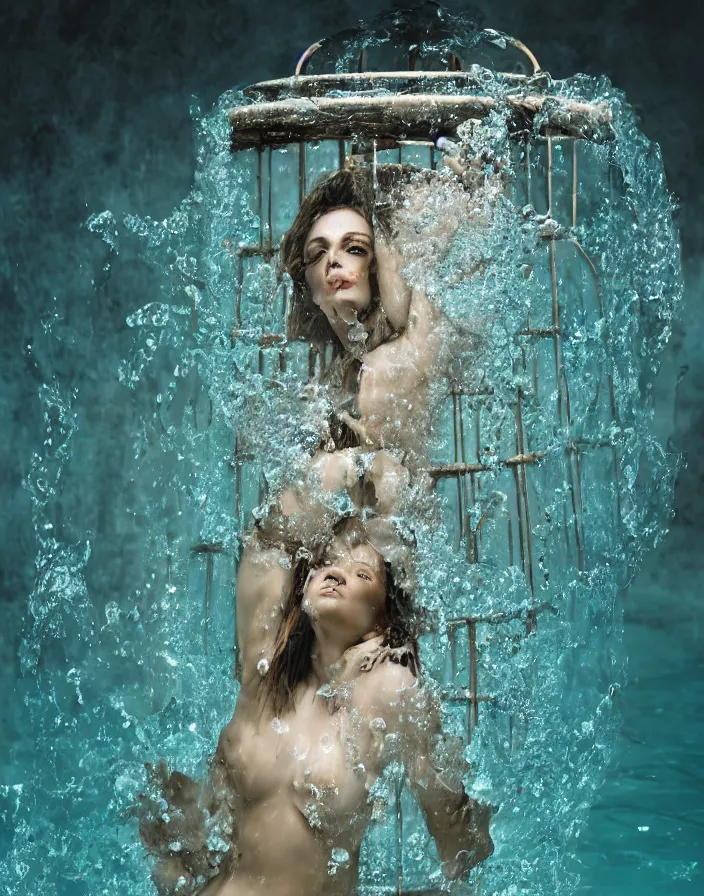 Prompt: a realistic photographic image of a siren floating in a cage of glass full of water in the middle of a desert, photographic style of Avedon, cinematic colors lighting, real ungine, volumetric lighting