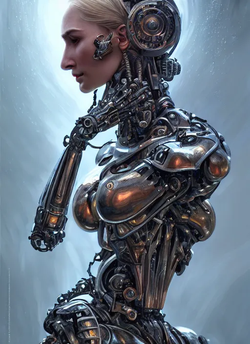 Image similar to robotic putin destroy his opps, d & d, wet, shiny, fantasy, intricate, elegant, extremely higly detailed, ultra definition, digital painting, artstation, anatomical perfection, baroque, portrait, unreal engine 5, concept art, smooth, sharp focus, illustration, art by artgerm and greg rutkowski and alphonse mucha