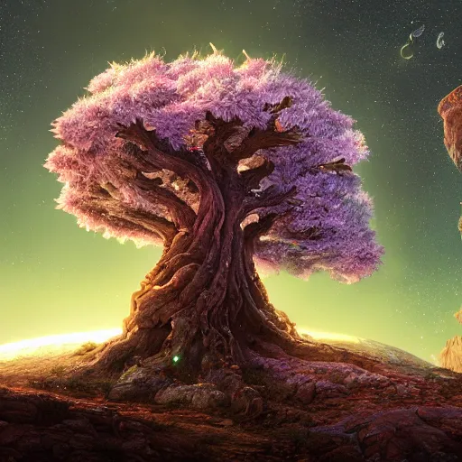 Image similar to matte painting of a beautiful tree with a shining cristals in its center and opulent crystals! at it's base set in an alien landscape, by Pail Lehr and Dan Mumford and Dan Hillier, octane rendered, 8k resolution,