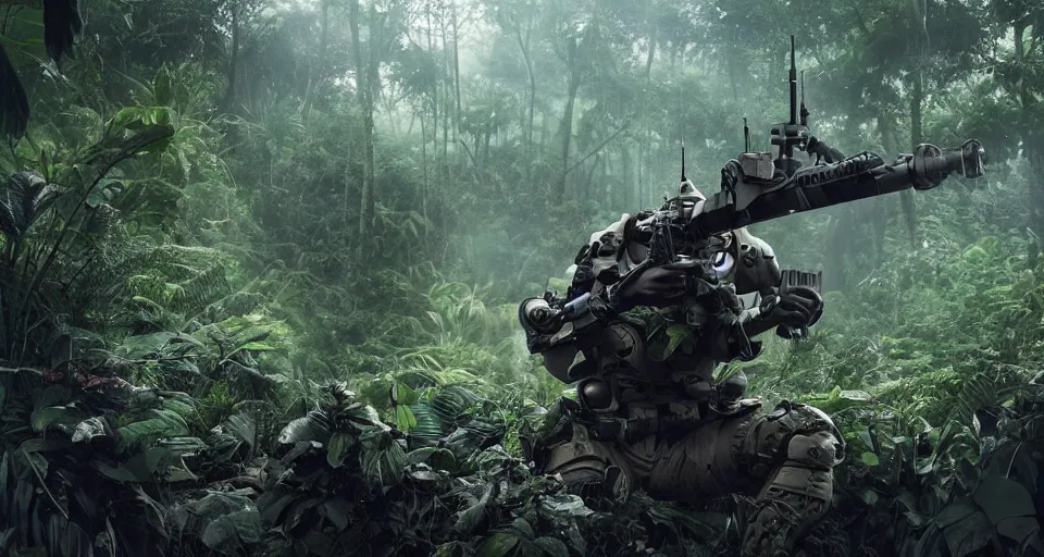 Image similar to wide angle shot of a cyborg soldier in a jungle environment, dramatic lighting, cinematic, octane render, cgsociety, artstation, 4k