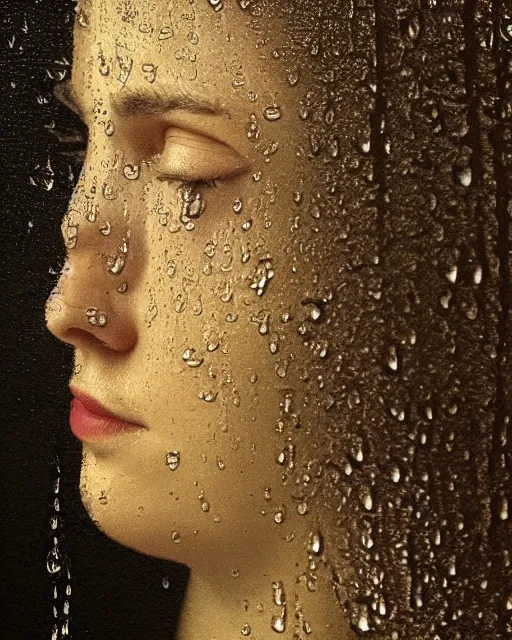 Image similar to a woman's face in profile, made of raindrops, in the style of the dutch masters and gregory crewdson, dark and moody