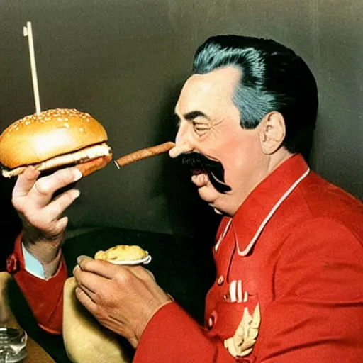 Image similar to stalin eats burger with ketchup while smoking cigar