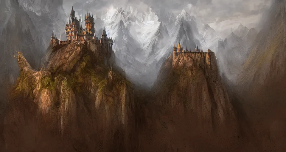 Image similar to castle on a misty mountain by John Howe and Jeff Easley and Craig Mullins, concept art, HD, 8K