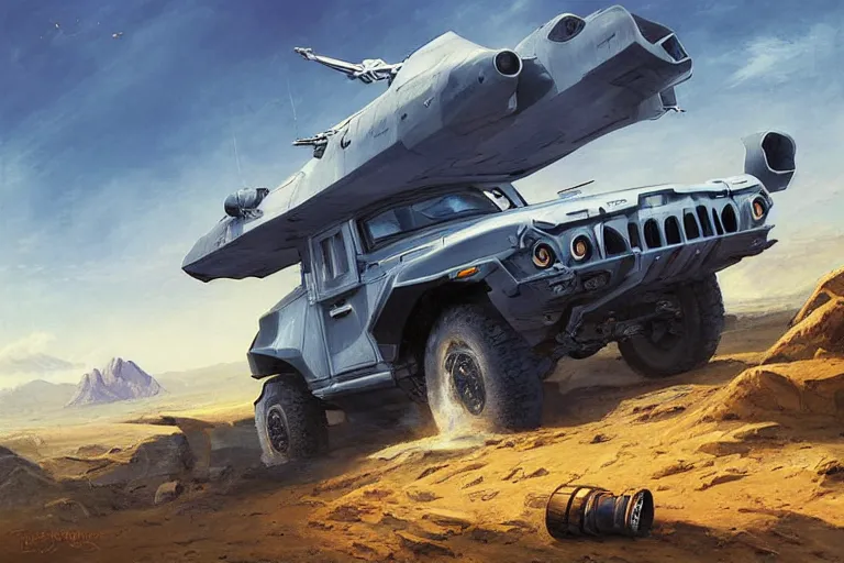 Prompt: a futurisitic well designed military vehicle designed by honda and lamborghini and boeing and jeep, military design, mountains in the distance, day, blue sky, sprong season, painting by asher brown durand and star wars movie, ultra mega detailed, beautiful realistic photo, professional photography, perfect