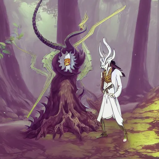 Image similar to concept art painting of an anthropomorphic dragon king with robes, a long dragon neck, and horned skull mask, in a deep forest, anime style, cel shaded, in the style of makoto shinkai and james gurney and studio ghibli and moebius