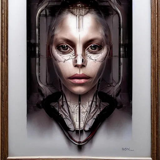 Image similar to surreal portrait of a woman by Greg Rutkowski, symmetrical face, she is about 30 years old, she is about 30 years old, pretty, blond hair with two strans around her face, slavic features, melancholic gaze, pretty aquiline nose, transformed into a kind of biomechanical transhuman goddes, uncany but fascinating, sad but determined look, cosmic void background, frightening, fascinating, highly detailed portrait, digital painting, book cover, artstation, concept art, smooth, sharp foccus ilustration, Artstation HQ