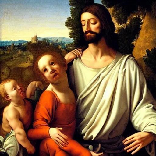 Prompt: Yeet and Jesus, renaissance painting, beautiful portrait