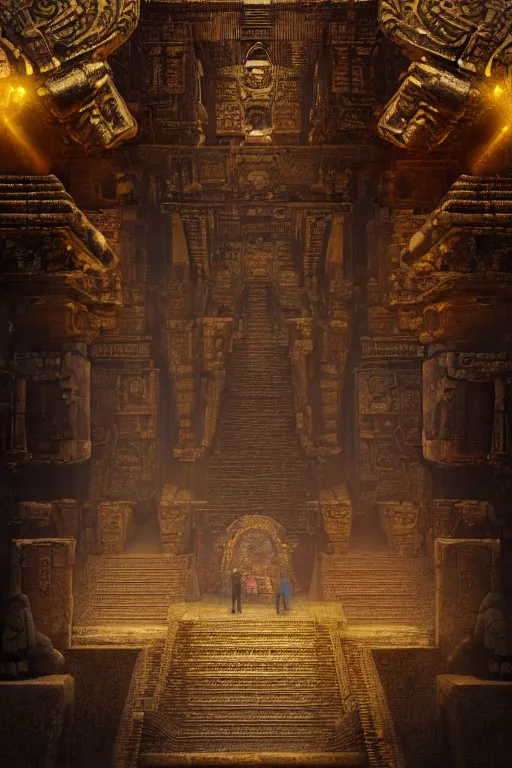 Image similar to inside a majestic aztec temple made of gold, intricate, elegant, volumetric lighting, digital painting, highly detailed, artstation, sharp focus, illustration, concept art, ruan jia, steve mccurry