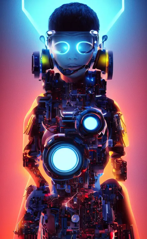 Image similar to a beautiful!! photo of a bionic!! teenager!!, cyberpunk, augmented vision, electronic components, volumetric light, photography, extremely detailed, photorealistic!, stunning, digital art trending on artstation, orange, cyan, washed out colors