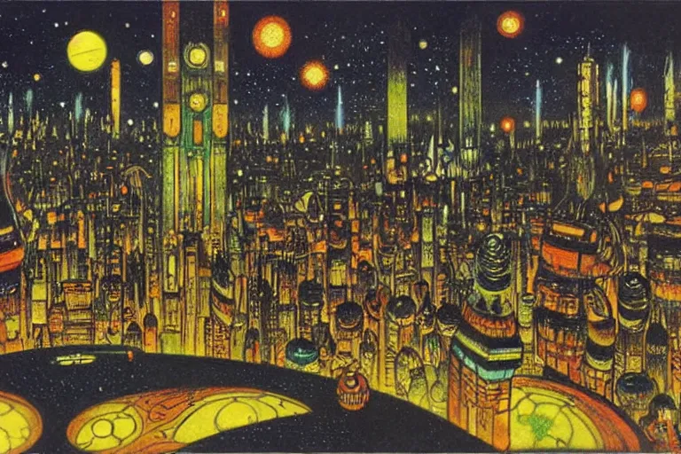 Prompt: a scifi illustration, Night City on Coruscant by Louis Wain (1920)