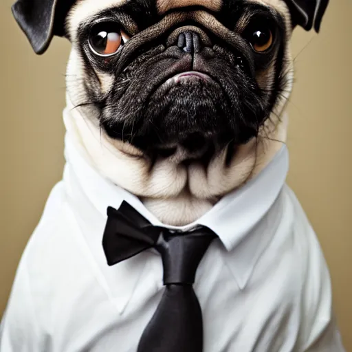 Prompt: pug in a suit, studio photography, canon r 6, cinematic light