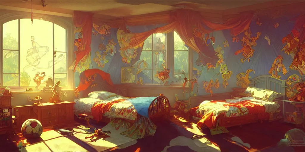 Image similar to kids bedroom 1 9 9 0 s, highly detailed, digital painting, artstation, concept art, matte, sharp focus, illustration, art by artgerm and greg rutkowski and alphonse mucha