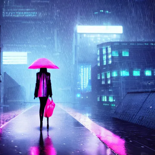 Image similar to ciberpunk city of the future, blade runner style, octane render, digital art, rain, beautiful girl with umbrella wearing a clear raincoat , pink hair, cinematic, 8k, very intricate, 80's, night time,