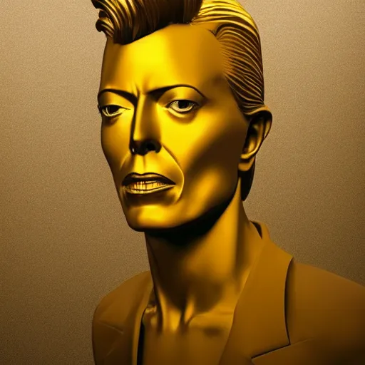 Image similar to Golden sculpture of David Bowie. Minimalism, high definition, perfect composition. Volumetric Lighting.