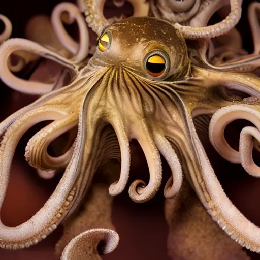 Image similar to a close up of an octopus with large eyes, a macro photograph by craola, lovecraftian, grotesque, macro photography