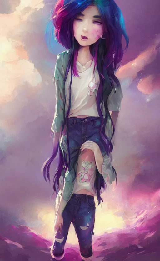 Image similar to a kawaii woman with rainbow hair, soft eyes and narrow chin, dainty figure, long hair straight down, kawaii shirt and jeans, In style of by Jordan Grimmer and greg rutkowski, concept art, highly detailed