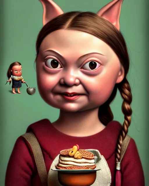 Image similar to highly detailed closeup, face profile portrait of a tin toy greta thunberg as a medieval goblin eating cakes in a castle, hyper realistic, artstation, illustration, nicoletta ceccoli, mark ryden, lostfish, dan decarlo, bob clampett, max fleischer, digital paint, matte paint, vivid colors, detailed and intricate environment