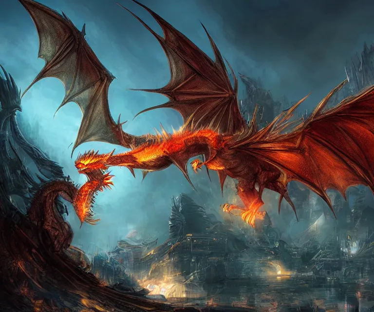 Prompt: dragon in a sci - fi city, dark fantasy, concept art, highly detailed, phoenix flames