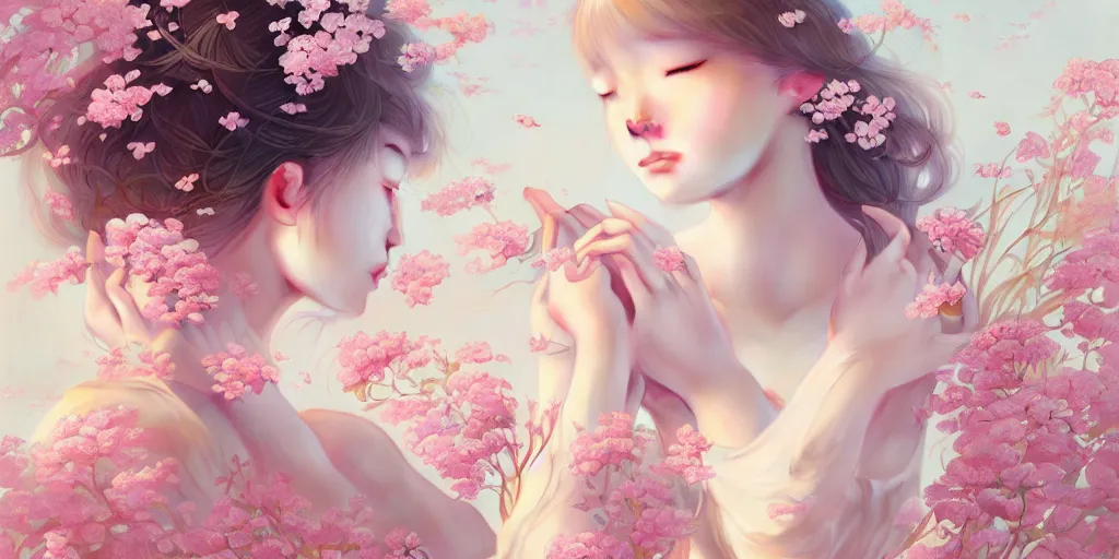 Prompt: breathtaking delicate detailed concept art with flowers and girls, by hsiao - ron cheng, bizarre compositions, exquisite detail, pastel colors, ornate background, 8 k