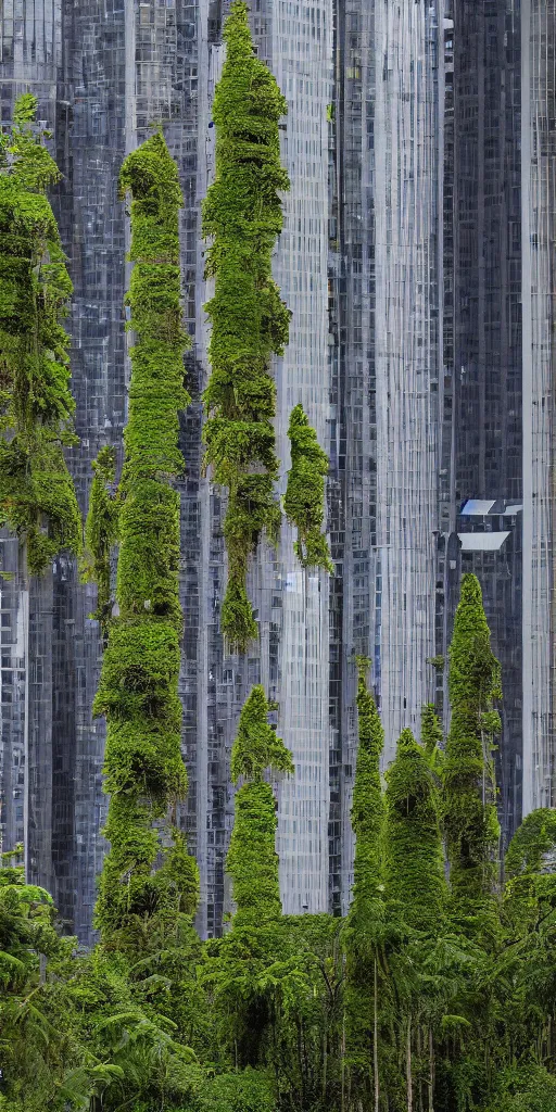 Prompt: elevational photo of tall and slender concrete towers emerging out of the ground. The towers are covered with Moss and ferns growing from heavily eroded crevices. The towers are clustered very close together and stand straight and tall. The office towers have 100 floors and many glass windows.