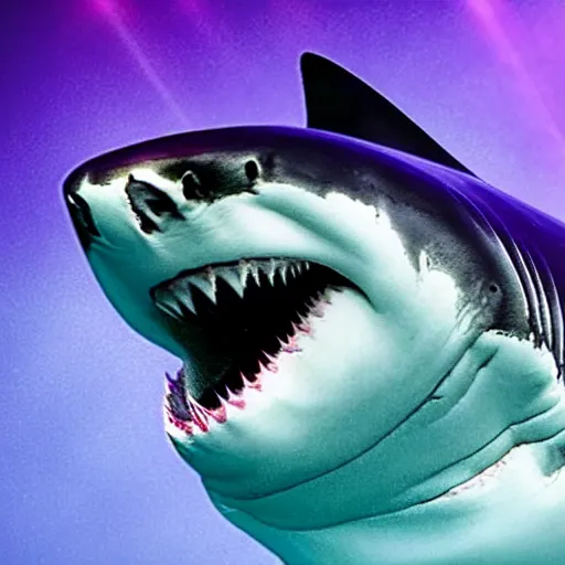 Image similar to a great white shark shooting purple lasers out of its eyes, realistic. 4 k. highly detailed