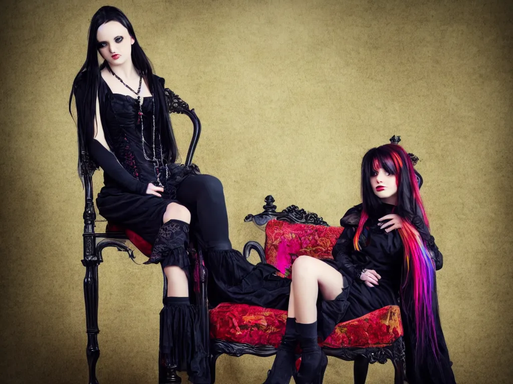 Image similar to full - length photo, young woman, sitting on chair, gothic clothes, 4 k, colourful