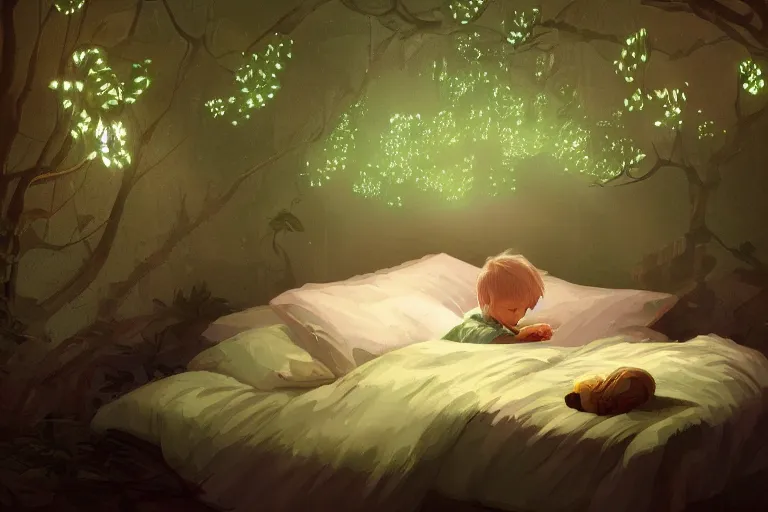 Prompt: beautiful illustration of a little boy on his bed dreaming about a beautiful green forest, intricate, elegant, glowing lights, highly detailed, digital painting, artstation, concept art, smooth, sharp focus, illustration, art by wlop, mars ravelo and greg rutkowski