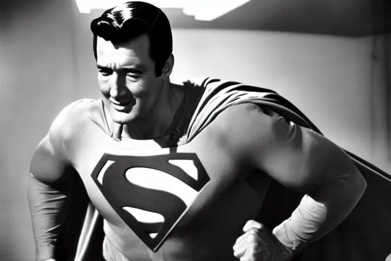 Image similar to rock hudson playing superman in, superhero, dynamic, 3 5 mm lens, heroic, studio lighting, in colour