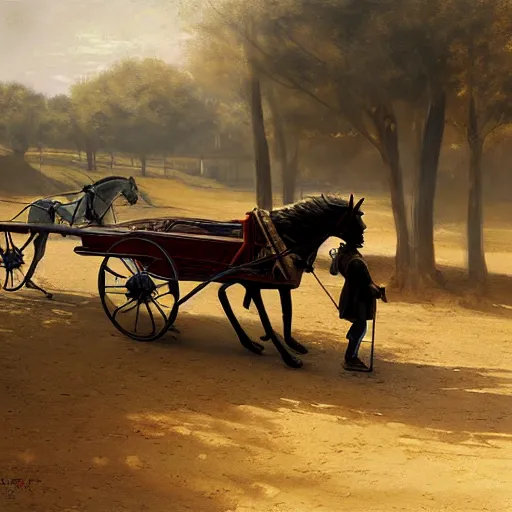 Prompt: a man pulling a cart, horse on cart, hyperrealism, no blur, 4 k resolution, ultra detailed, style of ron cobb, adolf hiremy - hirschl, syd mead, ismail inceoglu, rene margitte