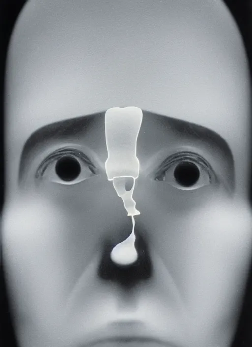 Image similar to realistic object photo of a face made pure transparent plastic white, bokeh, grain, man ray, x - ray, electronic microscope, front view, symmetric 1 9 9 0, life magazine photo