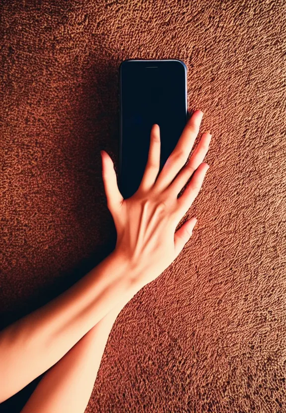 Image similar to an instagram photo of one ultra detailed woman's palm held against the floor, instagram photo, studio photo