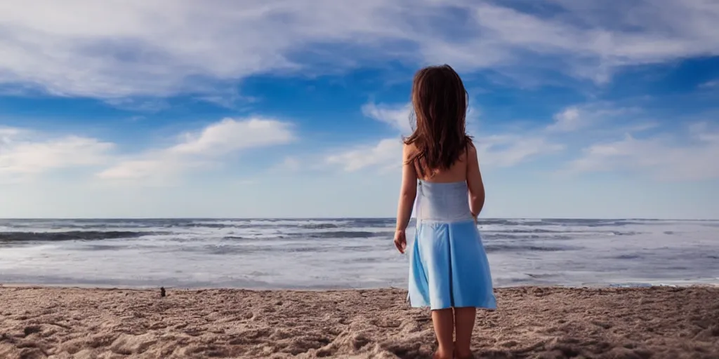 Image similar to girl looking at the ocean waves, superwide angle, zoom out, Leon Bosko style