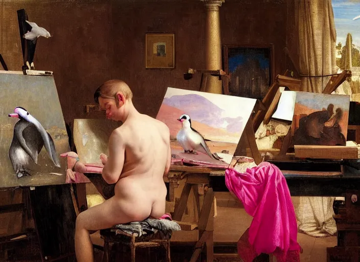 Image similar to a young painter in his studio painting a picture of a pink penguin, by edgar maxence and caravaggio and michael whelan and delacroix style, artistic, intricate drawing, cinematic lighting, hyper realistic, extremely detailed, establishing shot, 8 k resolution, dramatic lighting