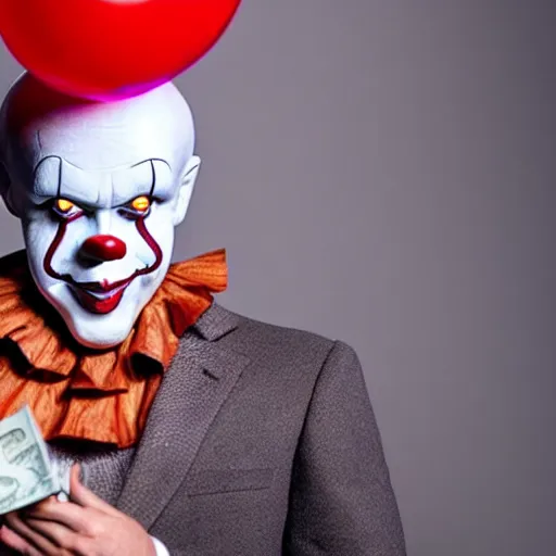 Image similar to Pennywise the clown wearing a suit and holding a stash of banknotes in his hands, full body shot, highly-detailed