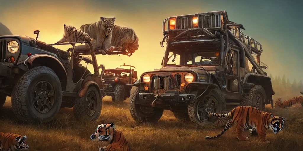 Prompt: Mahindra thar, headlights turned on, tigers and lions attacking, chasing action scene, an epic fantasy, dramatic lighting, cinematic, establishing shot, extremely high detail, photorealistic, cinematic lighting, matte painting, artstation, by simon stalenhag, horizon forbideen west