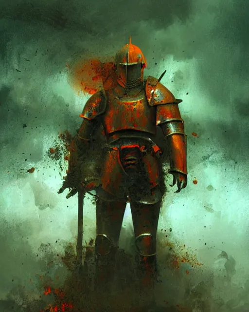 Image similar to Hyper realistic painting of a knight in a rusted full plate armor, green and orange rust, hyper detailed, thunderstorm, midnight, volumetric lighting, creepy atmosphere, by greg rutkowski