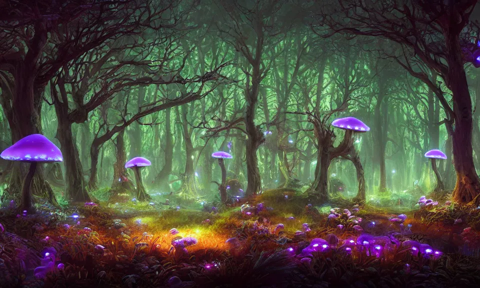 Prompt: bioluminescent mushroom forest at night, highly detailed, magic fantasy, digital art, vibrant colors, keyframe illustration, trending on artstation, andreas rocha, sylvain sarrailh, darek zabrocki, finnian macmanus, dylan cole, liang mark, albert bierstadt, sung choi, peter mohrbacher, greg rutkowski