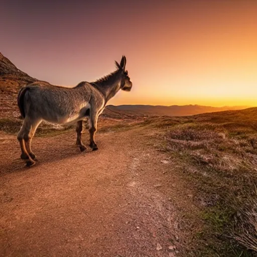 Prompt: an amazing portrait of a donkey on a slim rocky path at the edge of a cliff, rocky mountains in the background, sunset sky photography, award winning cinematic lighting, highly detailed