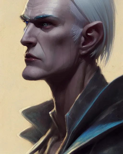 Image similar to character portrait of a slender half elven man with white hair, piercing bright blue eyes, and pale bluish skin, by greg rutkowski, mark brookes, jim burns, tom bagshaw, trending on artstation