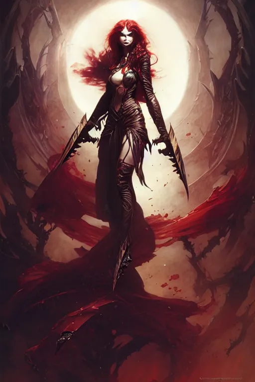 Image similar to powerful female vampire warrior by raymond swanland, gaston bussiere, simon bisley, anna podedworna, ayami kojima, greg rutkowski, maxim verehin