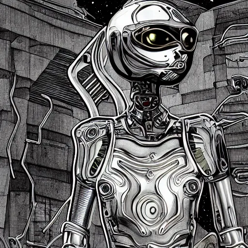 Image similar to gold and silver tones, cybernetic cat in a deserted town, style of moebius, james jean, rutkowski, mcbess, cinematic, high detail, award winning, 8 k photorealistic