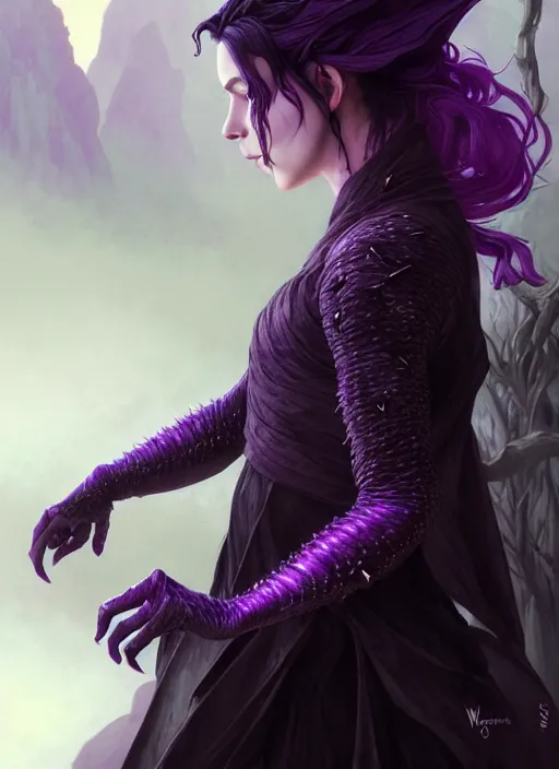 Image similar to side portrait dark witch, adventurer outfit large cloak, fantasy forest landscape, dragon scales, fantasy magic, undercut hairstyle, short purple black fade hair, dark light night, intricate, elegant, sharp focus, illustration, highly detailed, digital painting, concept art, matte, art by WLOP and Artgerm and Greg Rutkowski and Alphonse Mucha, masterpiece