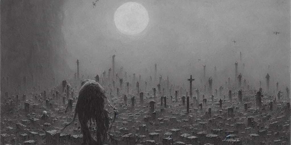 Prompt: demonic alien with long fingers surrounded by tombstones and floating cows, Beksinski