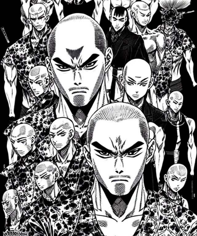 Prompt: A manga cover about a shaved-headed scarred yakuza. Sharp high quality manga, fine details, straight lines, solo, architecture in the background, masterpiece, highly detailed drawing by Hirohiko Araki, Tsutomu Nihei, Akatsuki Akira, Kentaro Miura